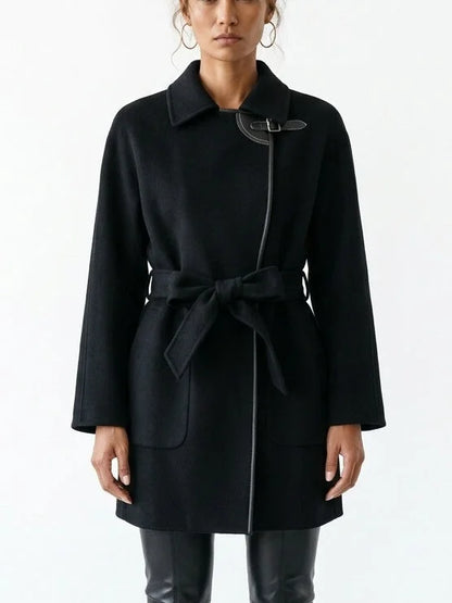 Belted Short Wool Cashmere Coat with Leather Trim - Coats