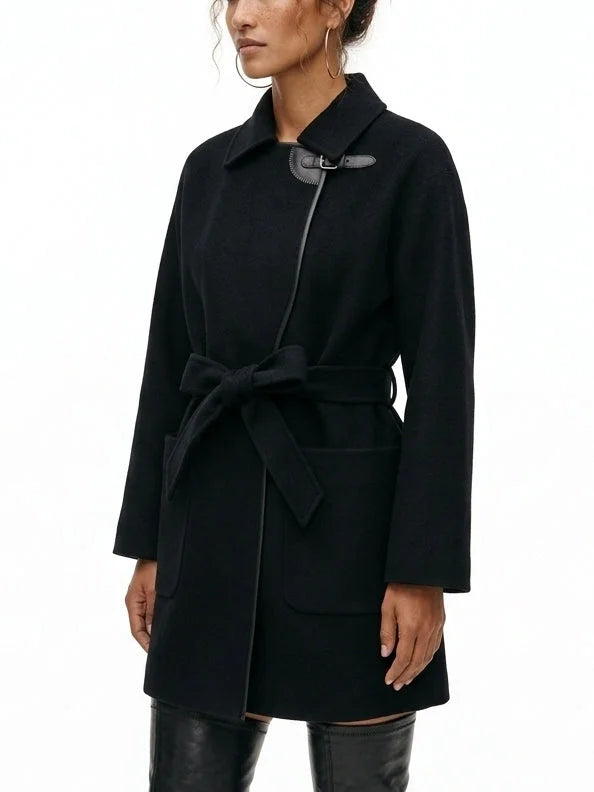 Belted Short Wool Cashmere Coat with Leather Trim - Coats