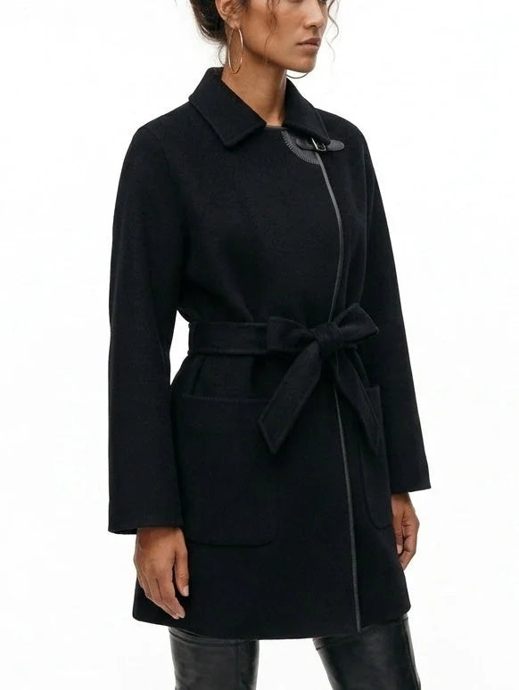 Belted Short Wool Cashmere Coat with Leather Trim - Coats