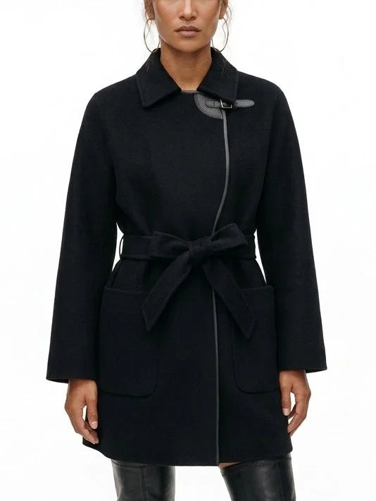 Belted Short Wool Cashmere Coat with Leather Trim - Coats