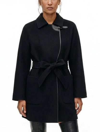 Belted Short Wool Cashmere Coat with Leather Trim - Coats