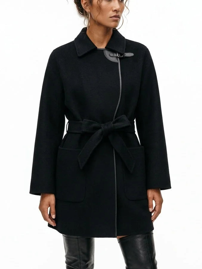 Belted Short Wool Cashmere Coat with Leather Trim - Coats