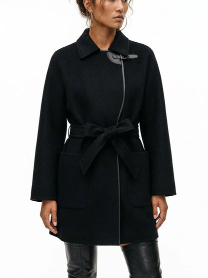 Belted Short Wool Cashmere Coat with Leather Trim - Coats