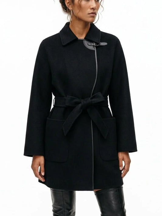 Belted Short Wool Cashmere Coat with Leather Trim - Coats