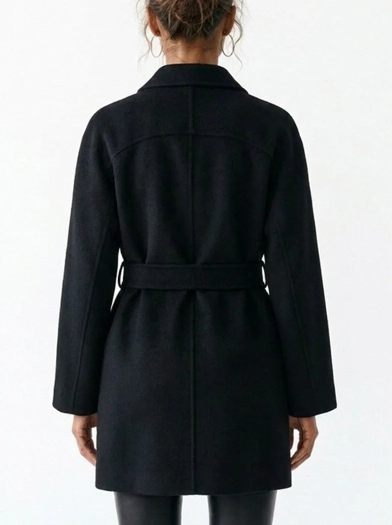Belted Short Wool Cashmere Coat with Leather Trim - Coats