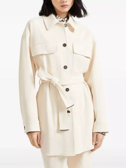 Belted Single-Breasted Safari Jacket in Cream - Jackets