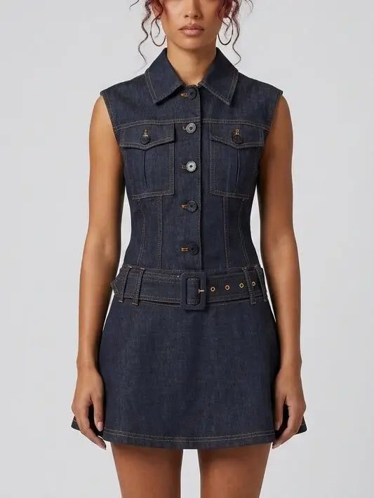 Button-Embellished Denim Mini Dress - Dresses