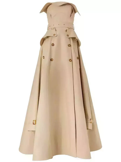 Belted Strapless Trench Dress in Khaki Dresses