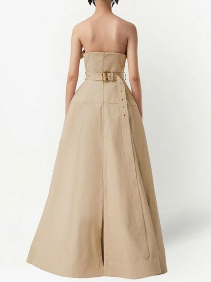 Belted Strapless Trench Dress in Khaki Dresses