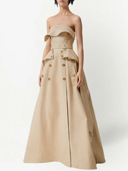 Belted Strapless Trench Dress in Khaki Dresses