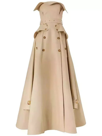 Belted Strapless Trench Dress in Khaki Dresses