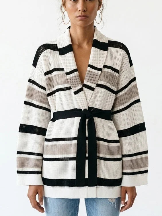 Belted Striped Open Knit Cardigan Sweater - Sweaters & Knitwear