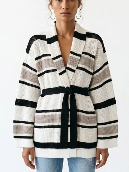 Belted Striped Open Knit Cardigan Sweater - Sweaters & Knitwear