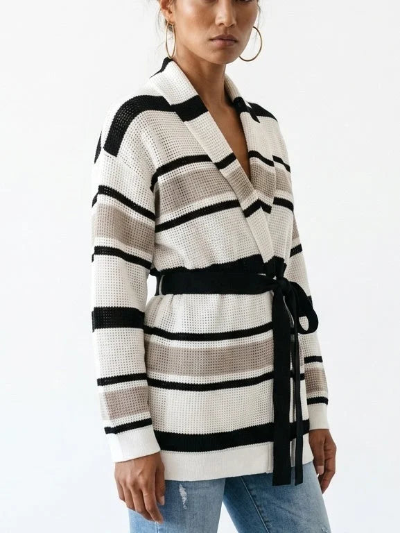 Belted Striped Open Knit Cardigan Sweater - Sweaters & Knitwear