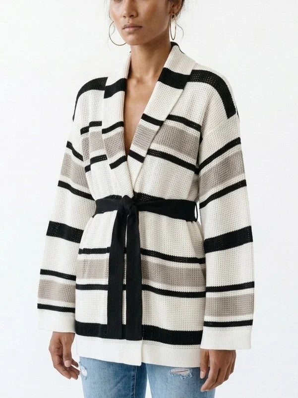 Belted Striped Open Knit Cardigan Sweater - Sweaters & Knitwear