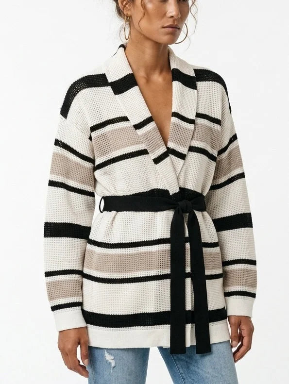 Belted Striped Open Knit Cardigan Sweater - Sweaters & Knitwear