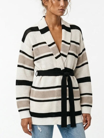 Belted Striped Open Knit Cardigan Sweater - Sweaters & Knitwear