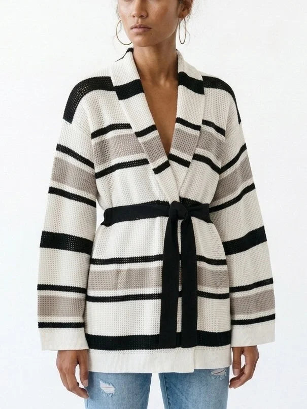Belted Striped Open Knit Cardigan Sweater - Sweaters & Knitwear