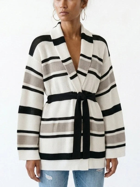 Belted Striped Open Knit Cardigan Sweater - Sweaters & Knitwear