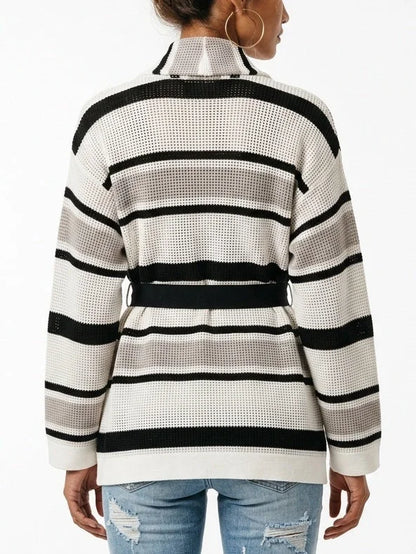 Belted Striped Open Knit Cardigan Sweater - Sweaters & Knitwear