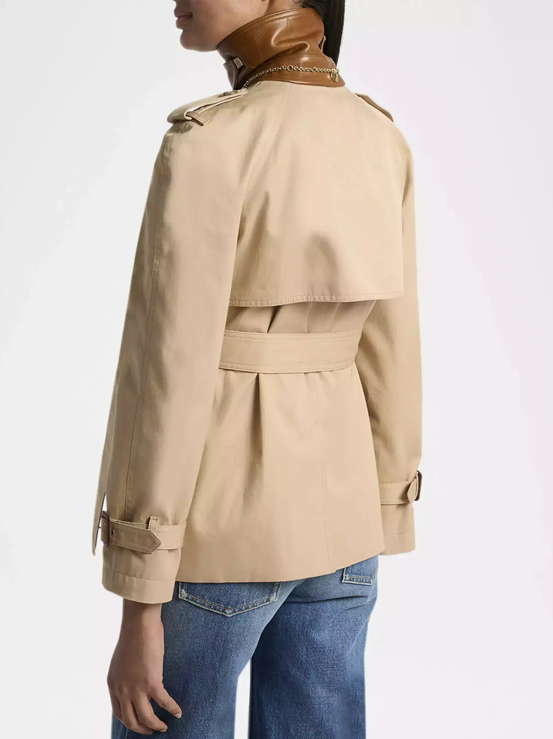 Belted Trench Jacket with Leather Collar - Jackets