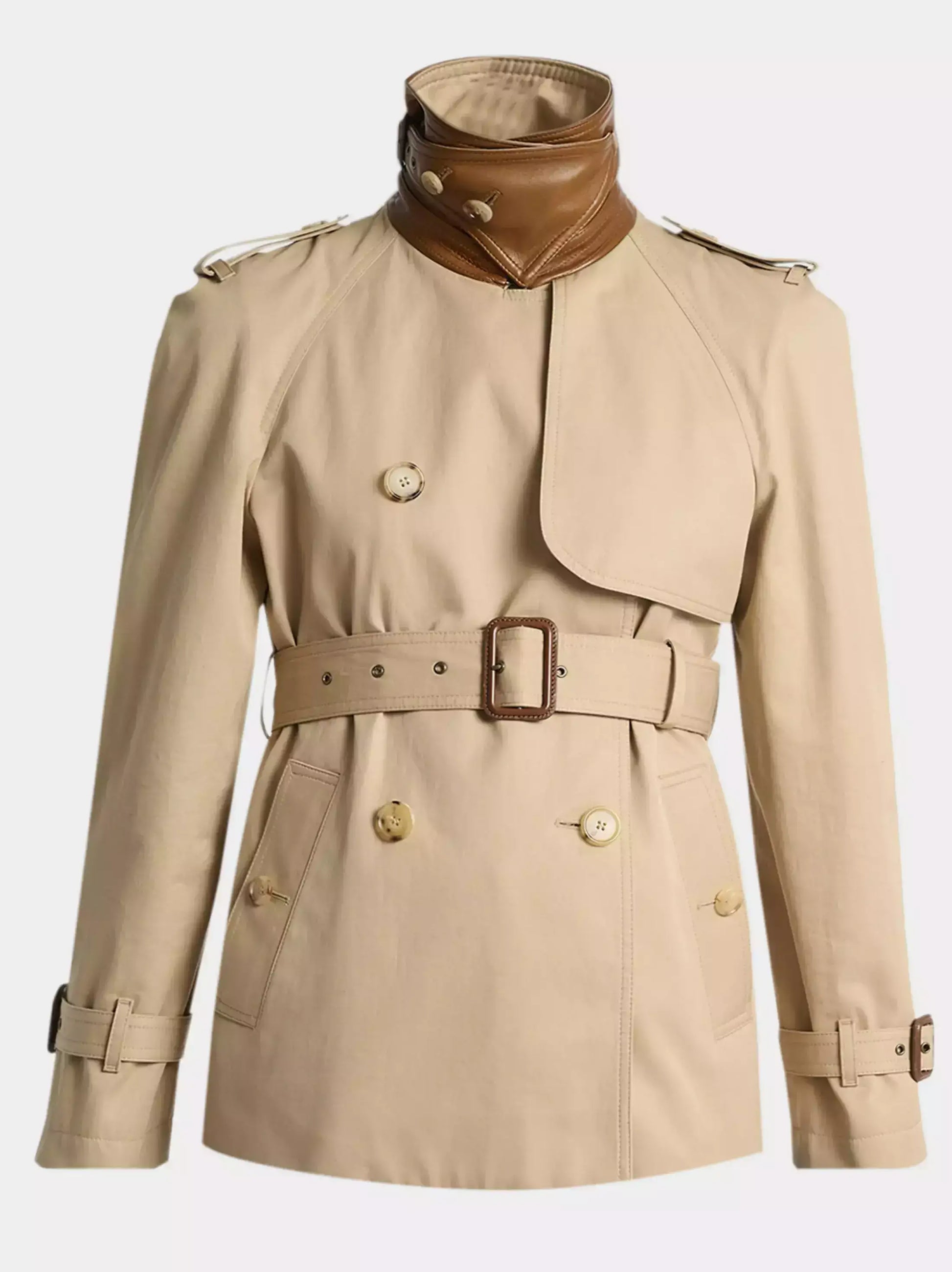 Belted Trench Jacket with Leather Collar - Jackets