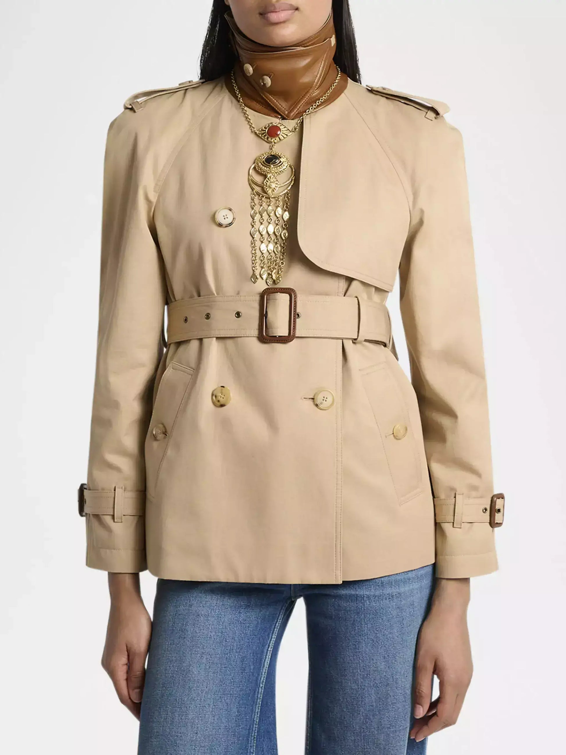 Belted Trench Jacket with Leather Collar - Jackets