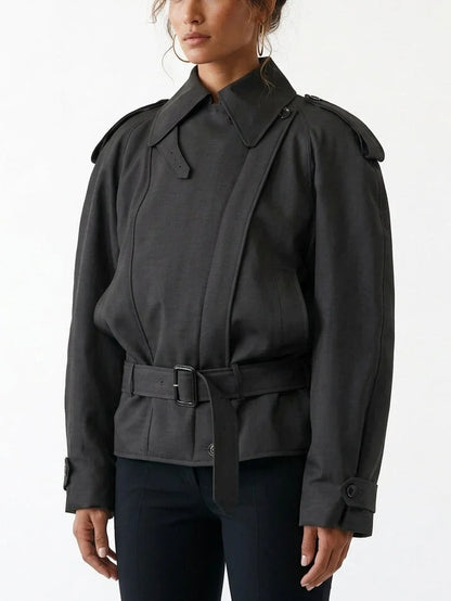 Belted Trench Style Jacket with Shoulder Epaulets - Jackets