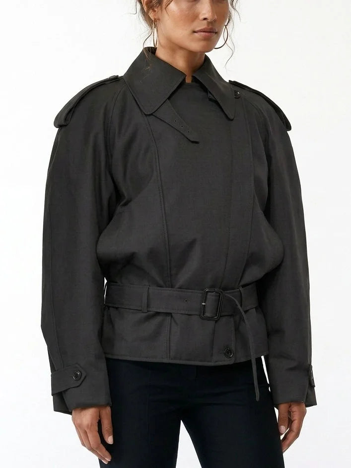 Belted Trench Style Jacket with Shoulder Epaulets - Jackets