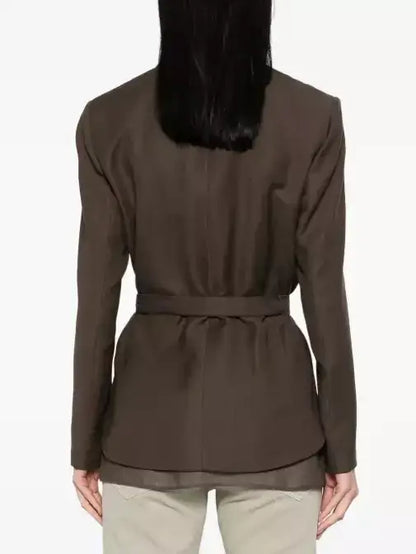 Belted Twill Brown Blazer with Silk Organza Trim - Jackets
