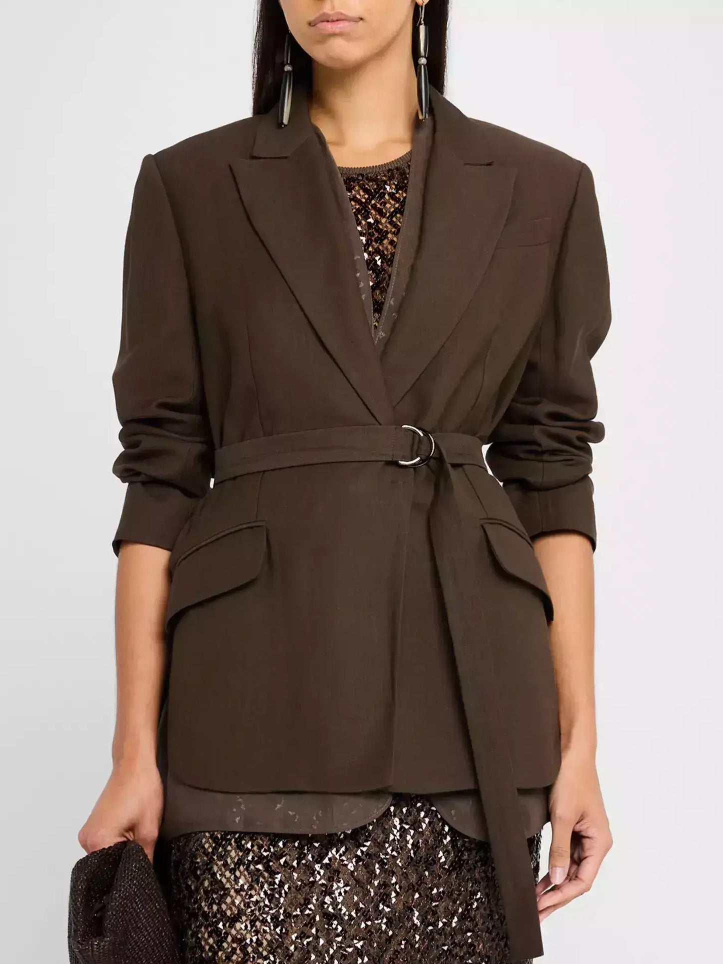 Belted Twill Brown Blazer with Silk Organza Trim - Jackets