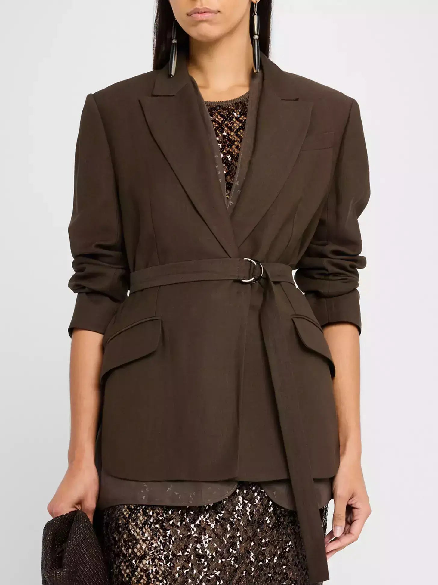 Belted Twill Brown Blazer with Silk Organza Trim - Jackets