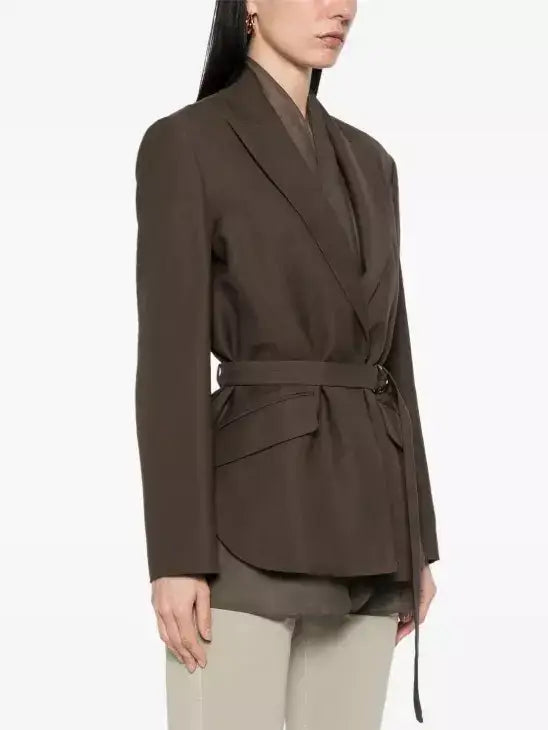 Belted Twill Brown Blazer with Silk Organza Trim - Jackets