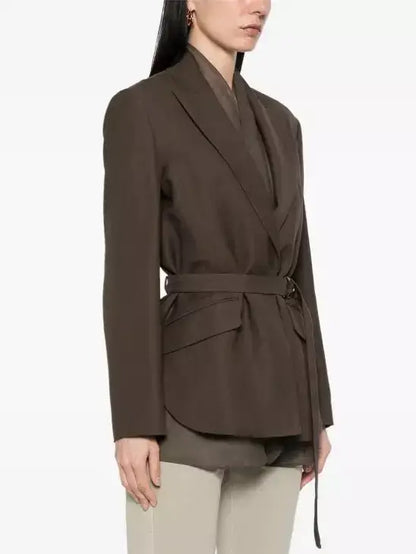 Belted Twill Brown Blazer with Silk Organza Trim - Jackets