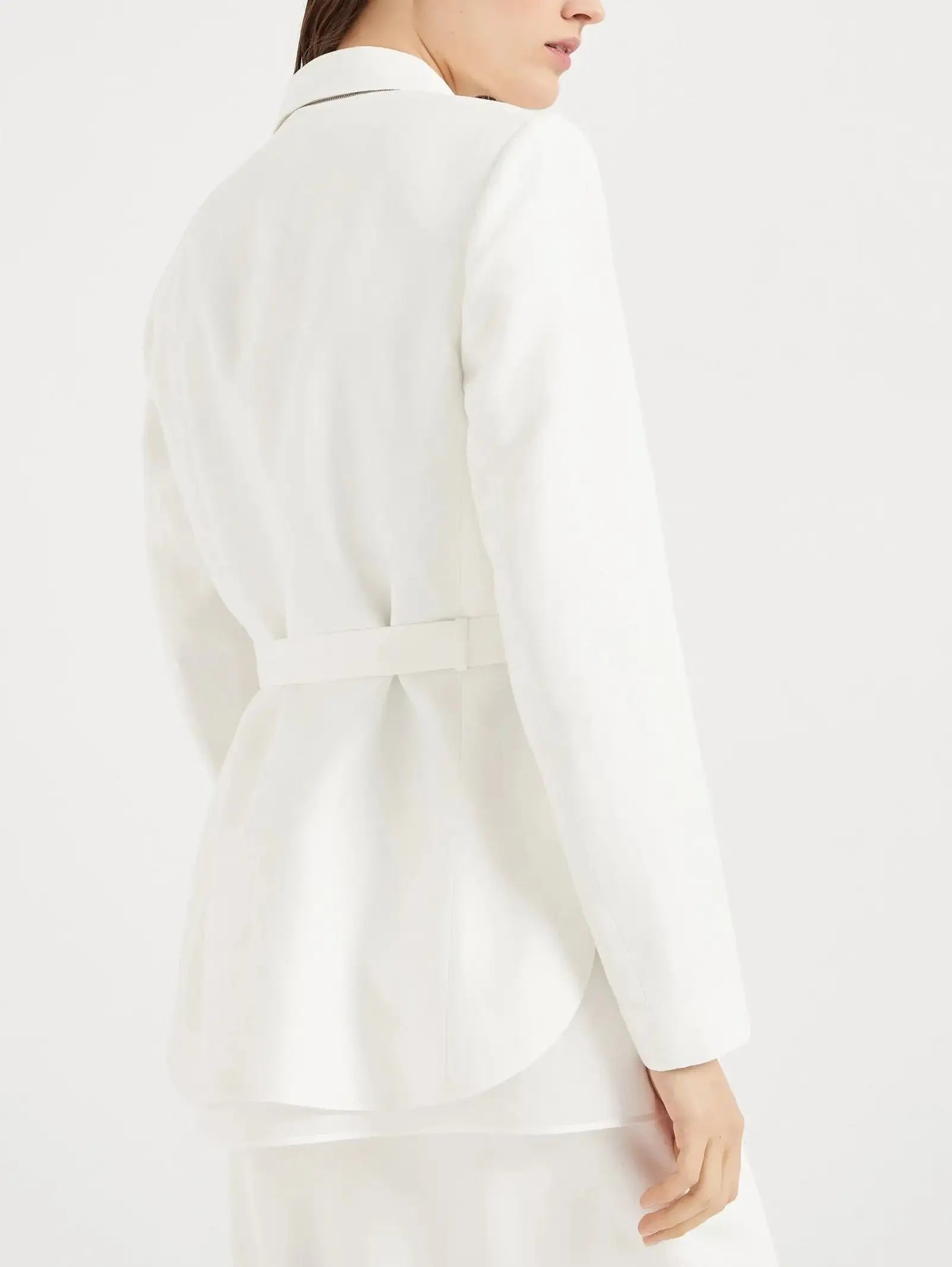 Belted Twill White Blazer with Silk Organza Trim - Jackets
