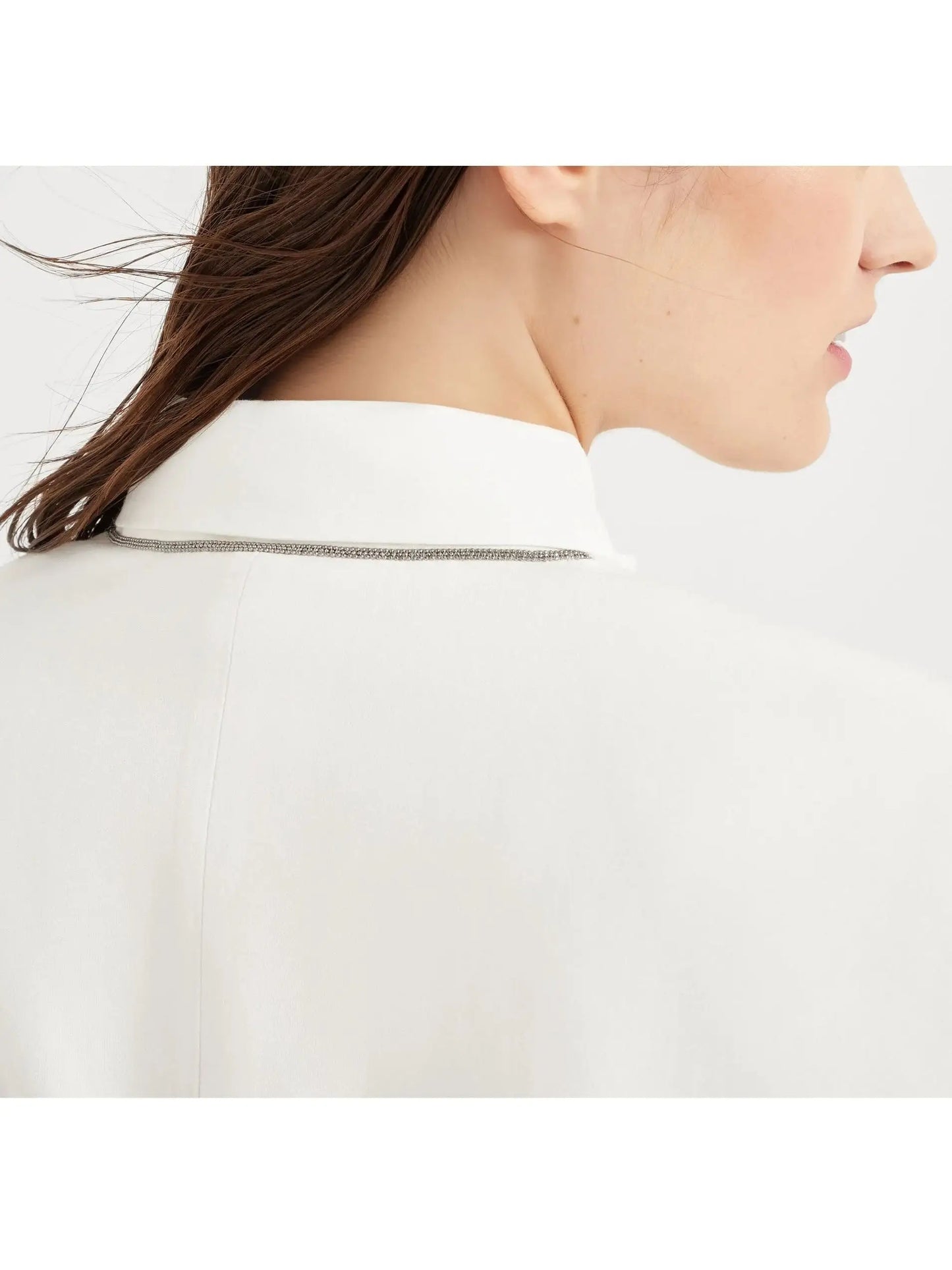 Belted Twill White Blazer with Silk Organza Trim - Jackets