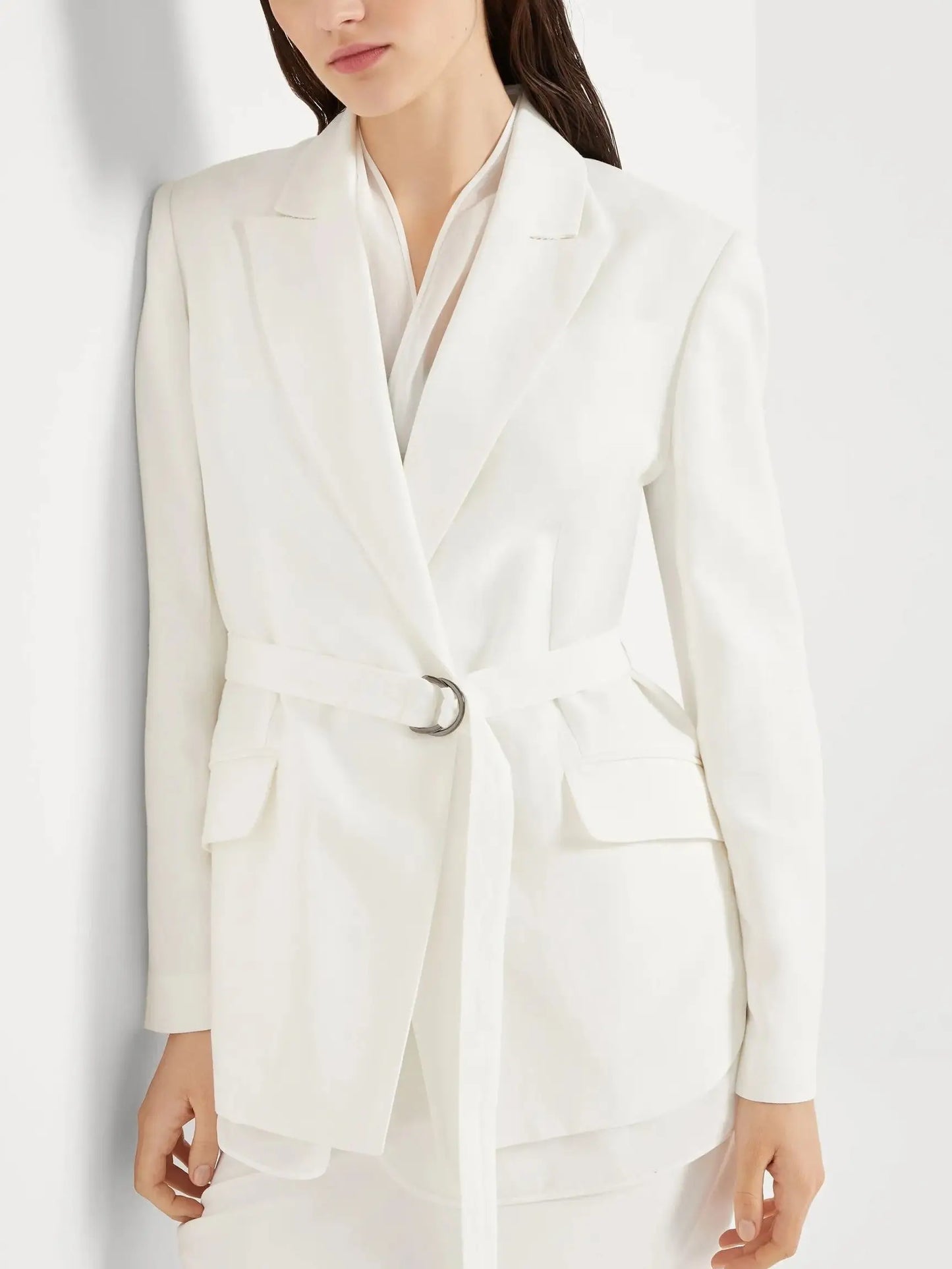 Belted Twill White Blazer with Silk Organza Trim - Jackets