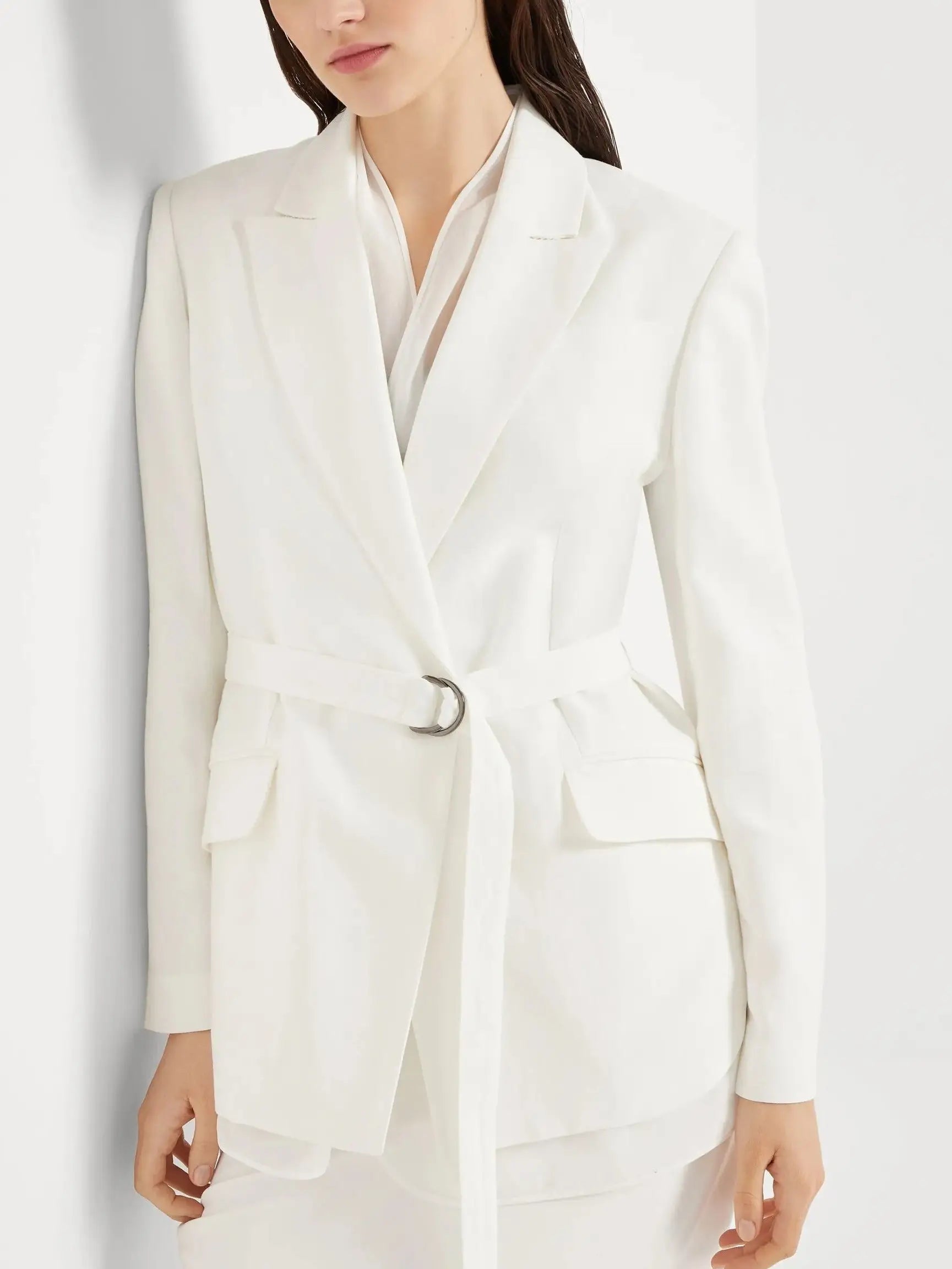 Belted Twill White Blazer with Silk Organza Trim - Jackets
