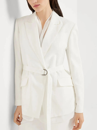 Belted Twill White Blazer with Silk Organza Trim - Jackets