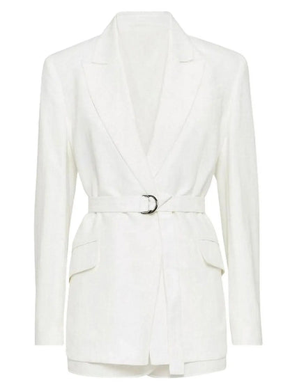 Belted Twill White Blazer with Silk Organza Trim - Jackets