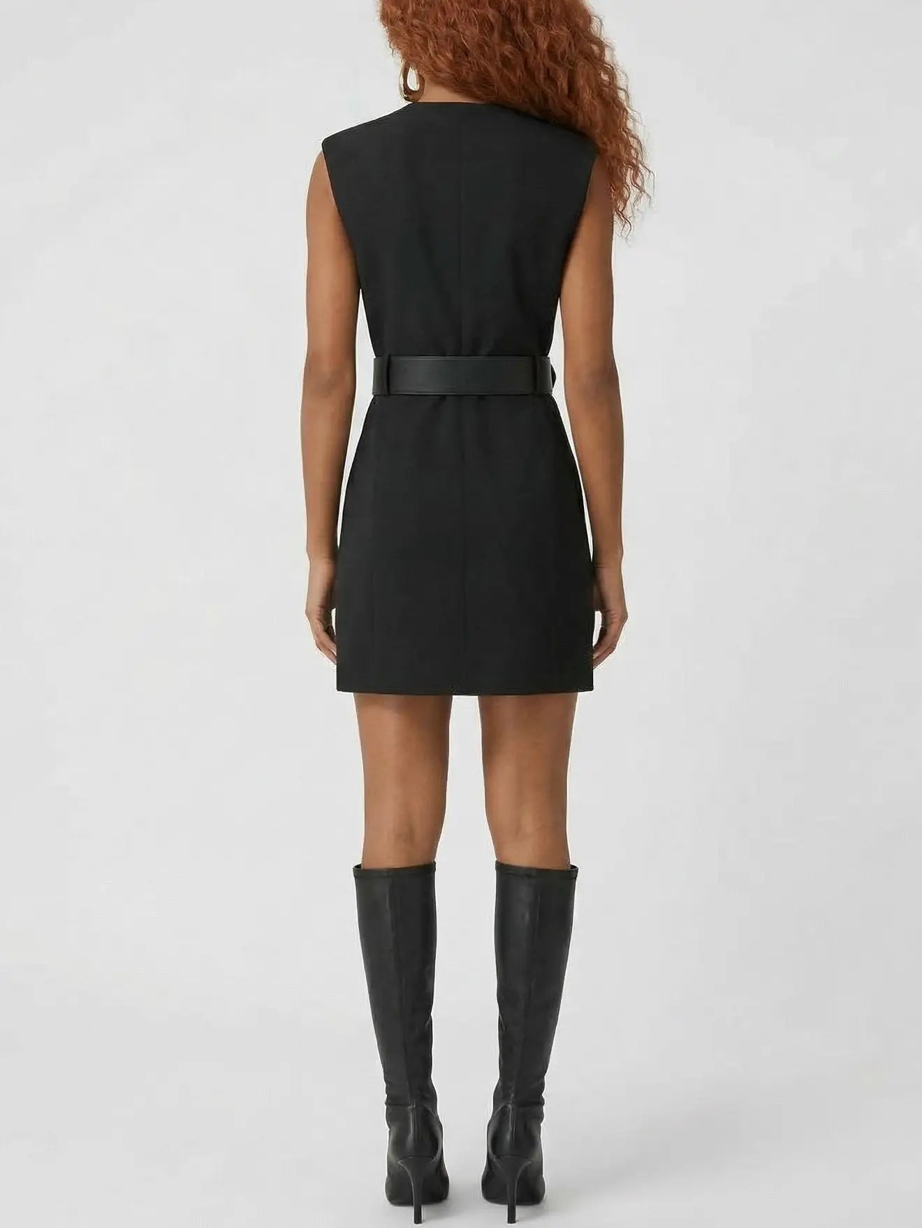 Belted Vest-Style Mini Dress in Black or Khaki Beige - Dresses