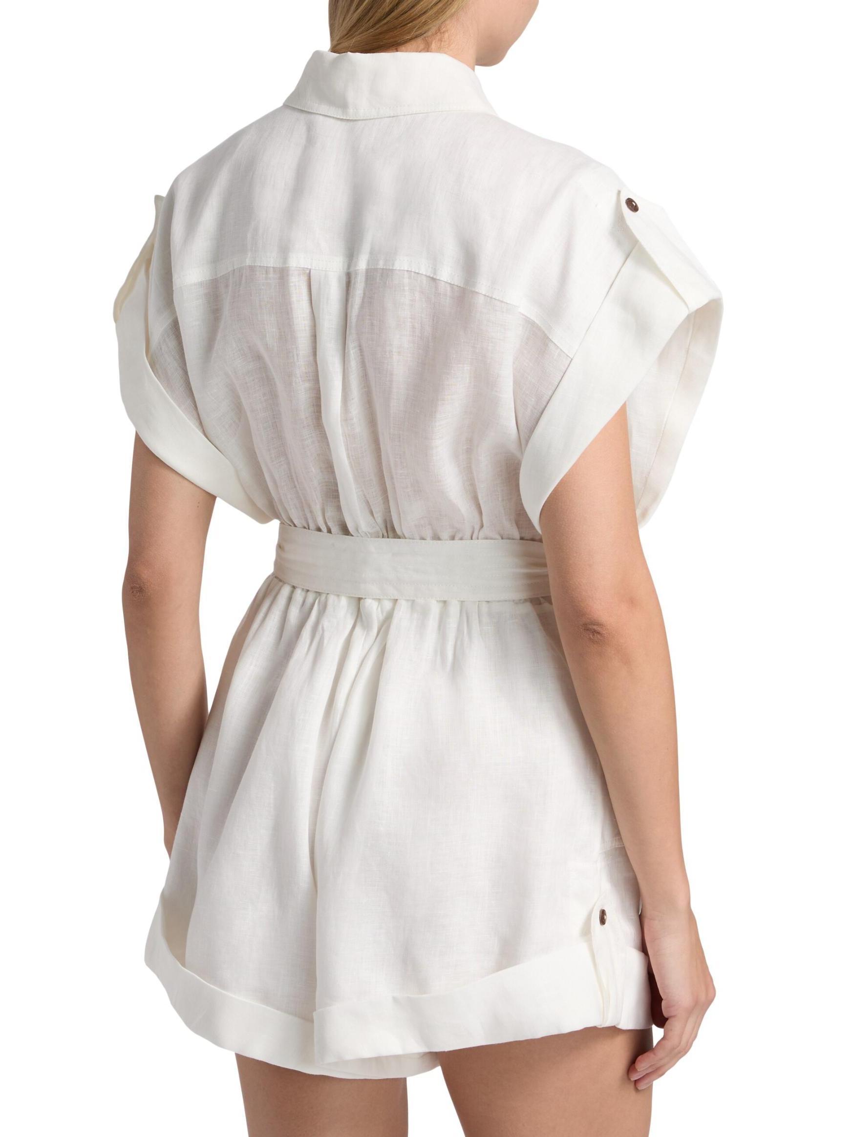 Belted White Linen Playsuit - Suits & Sets