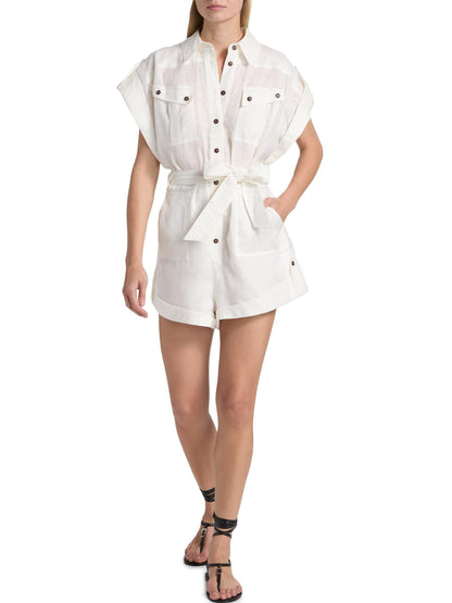 Belted White Linen Playsuit - Suits & Sets