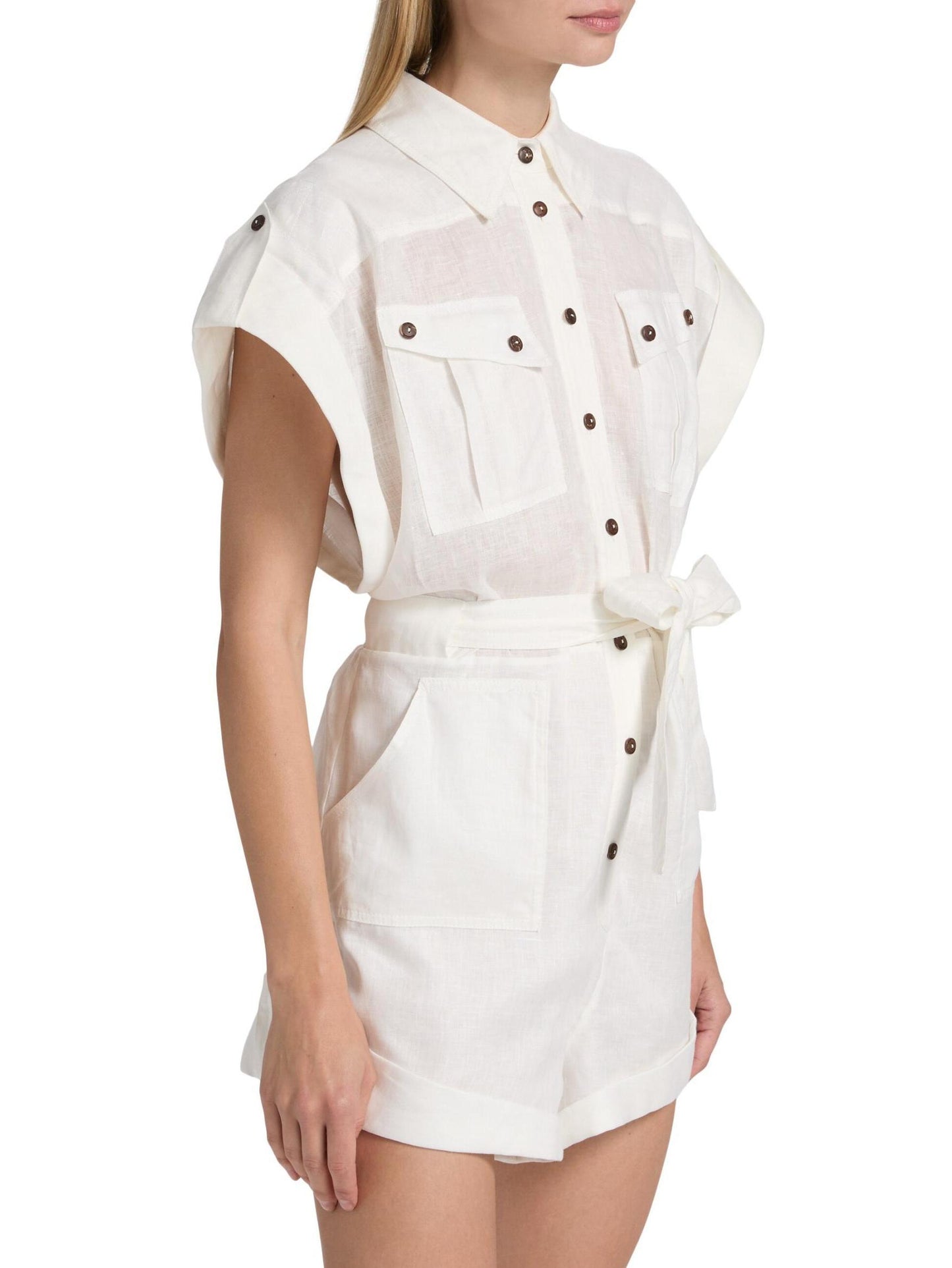 Belted White Linen Playsuit - Suits & Sets