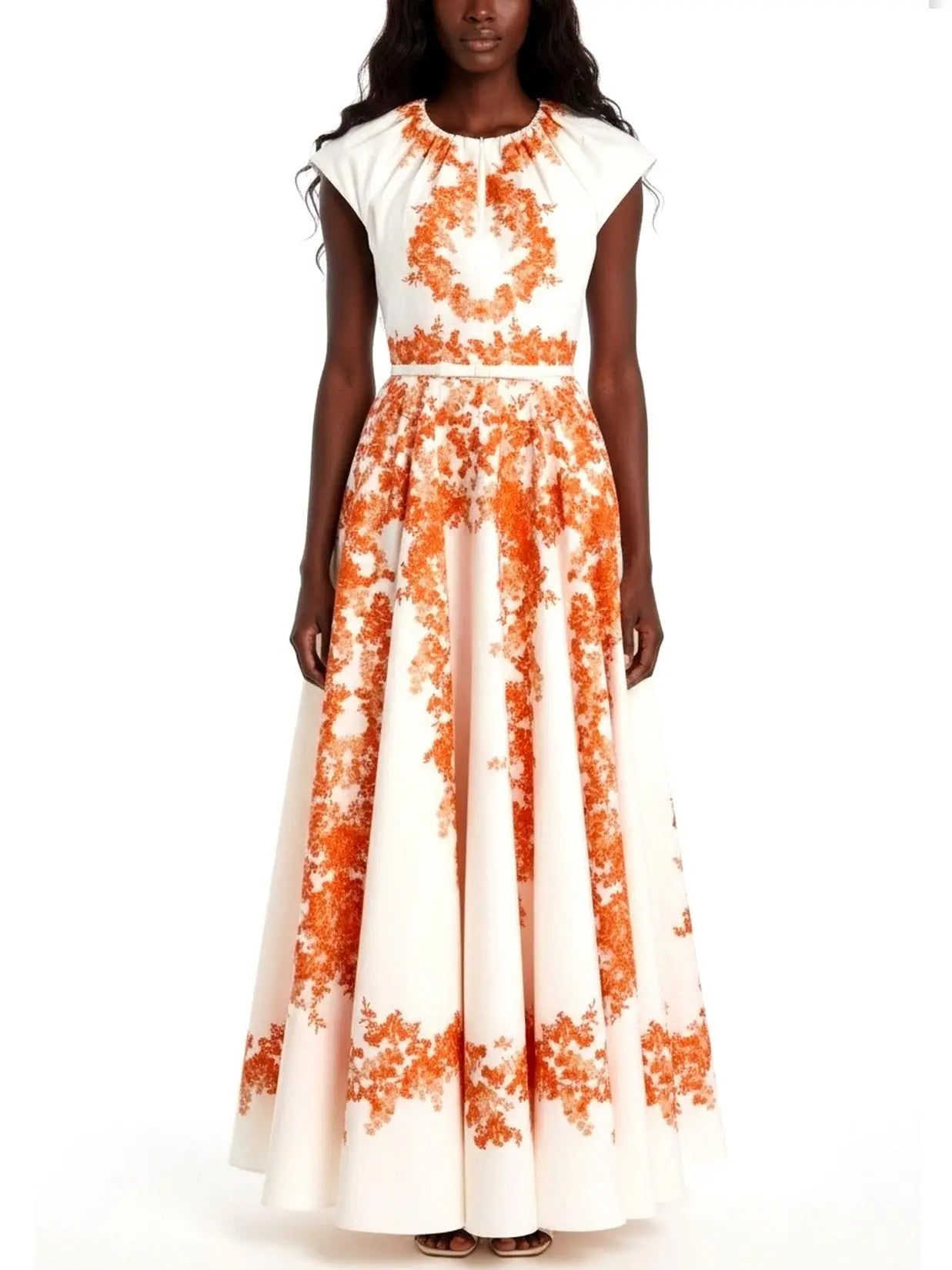 Belted White Maxi Dress With Orange Floral Print - Dresses