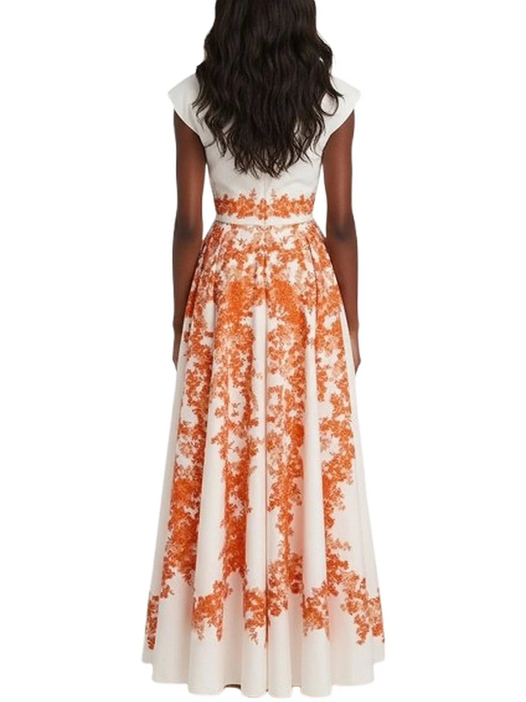 Belted White Maxi Dress With Orange Floral Print - Dresses