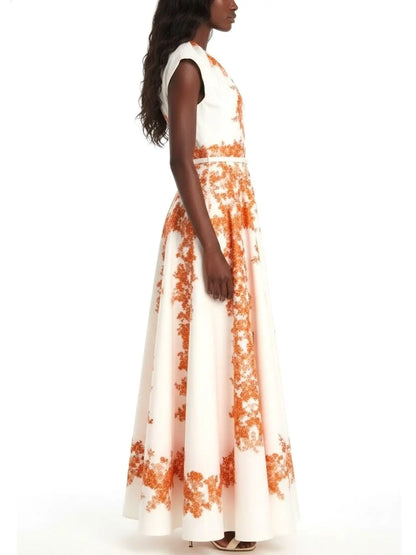 Belted White Maxi Dress With Orange Floral Print - Dresses