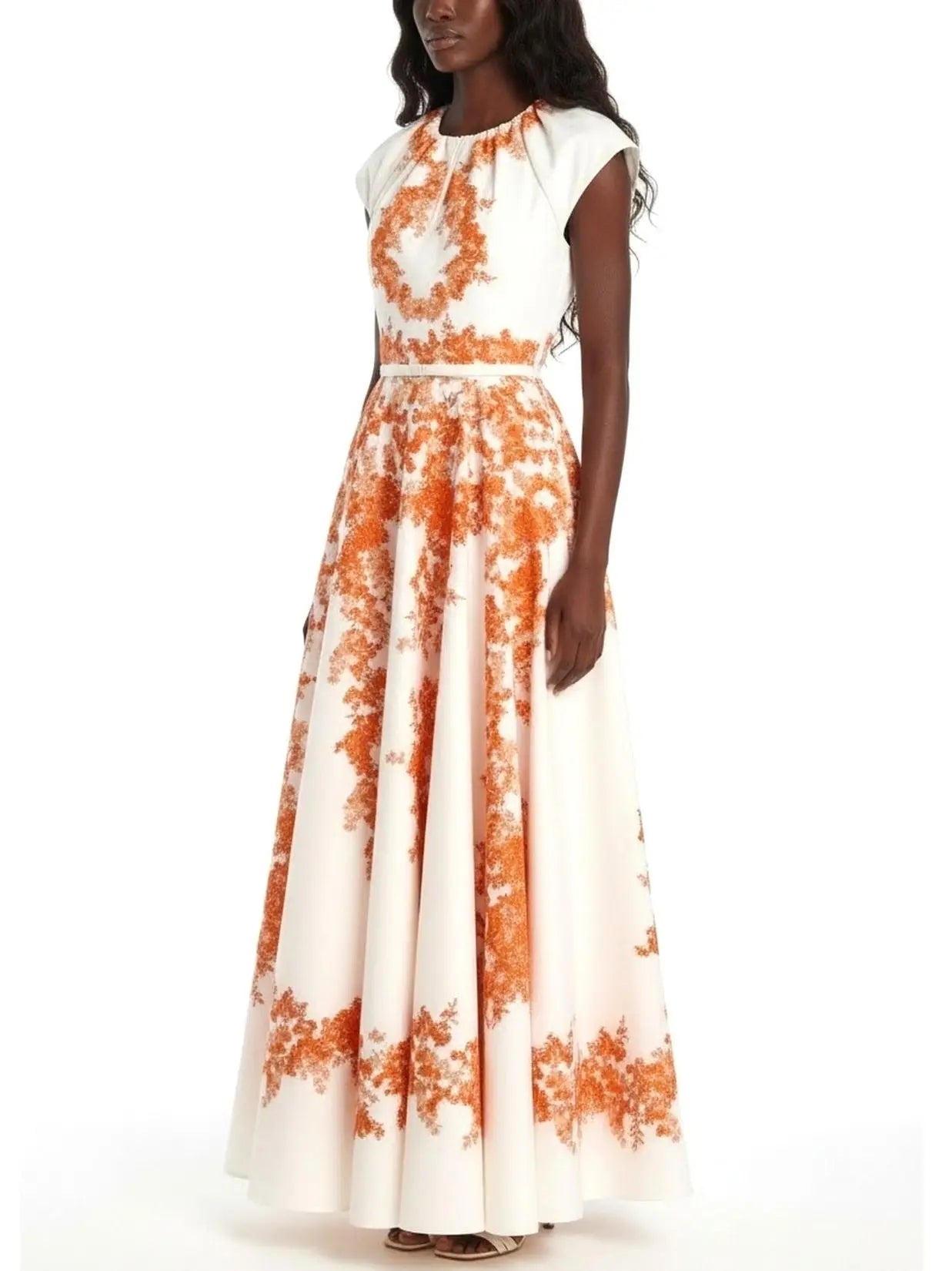 Belted White Maxi Dress With Orange Floral Print - Dresses