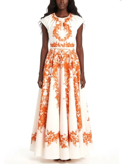 Belted White Maxi Dress With Orange Floral Print - Dresses