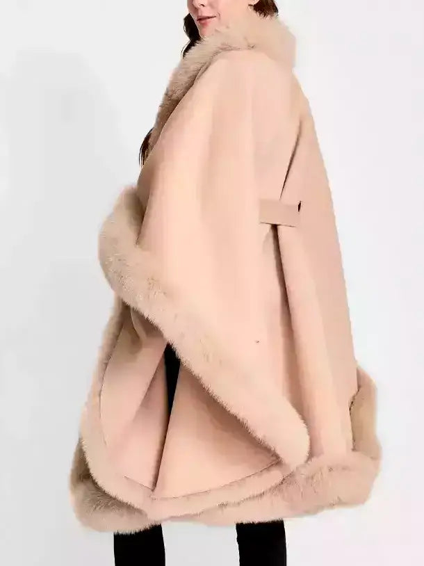 Belted Wool Cape Coat with Fur Trim - One size - Coats